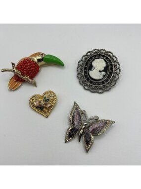 Vintage Brooch Set - Toucan Cameo Heart & Butterfly Designs - Mixed Metals & Gem